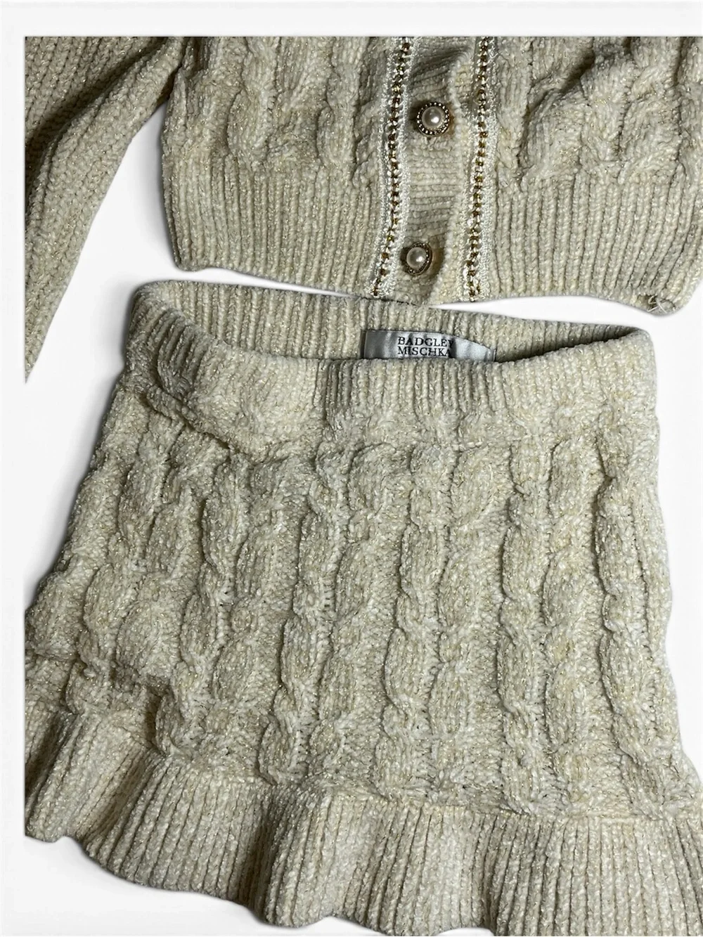 Badgley Mischka Cream Knit Sweater with Gold Threading
